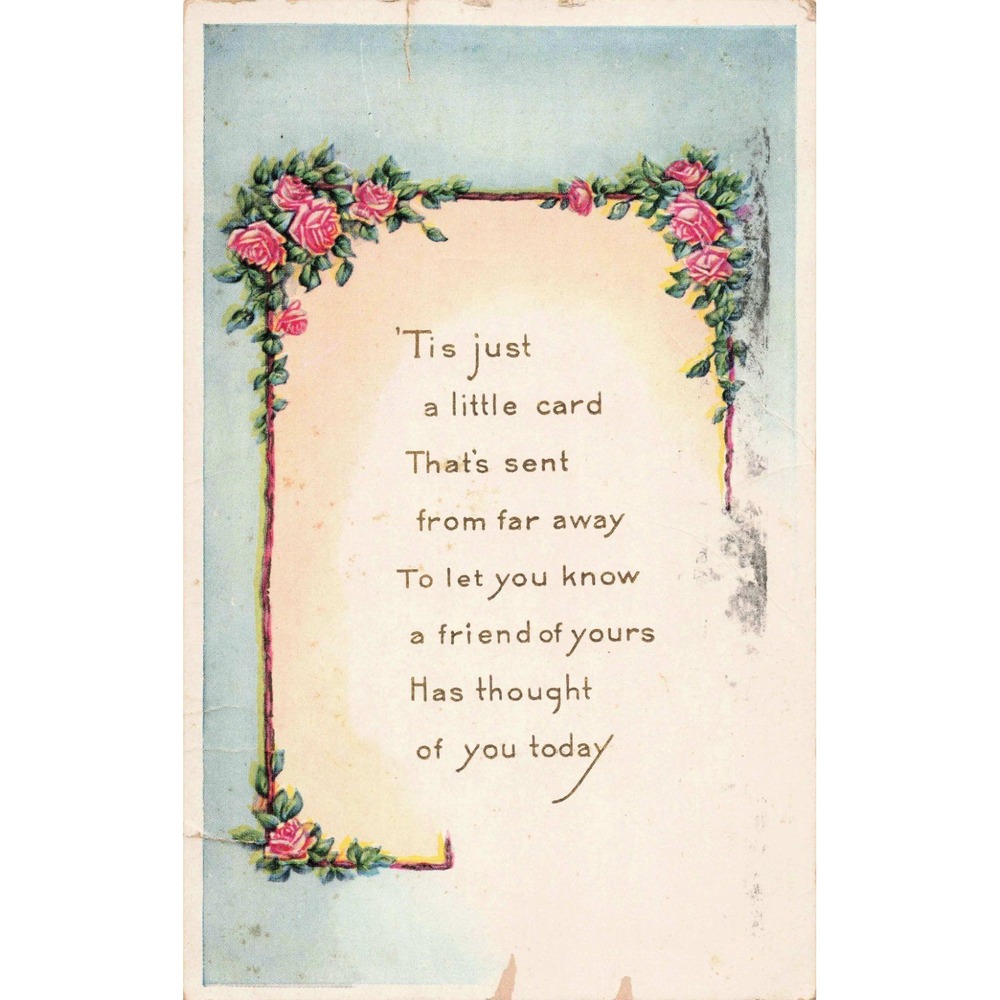 Antique Whitney Made Postcard 1919 Mattoon IL Pink Roses Friendship Poem Stamp
